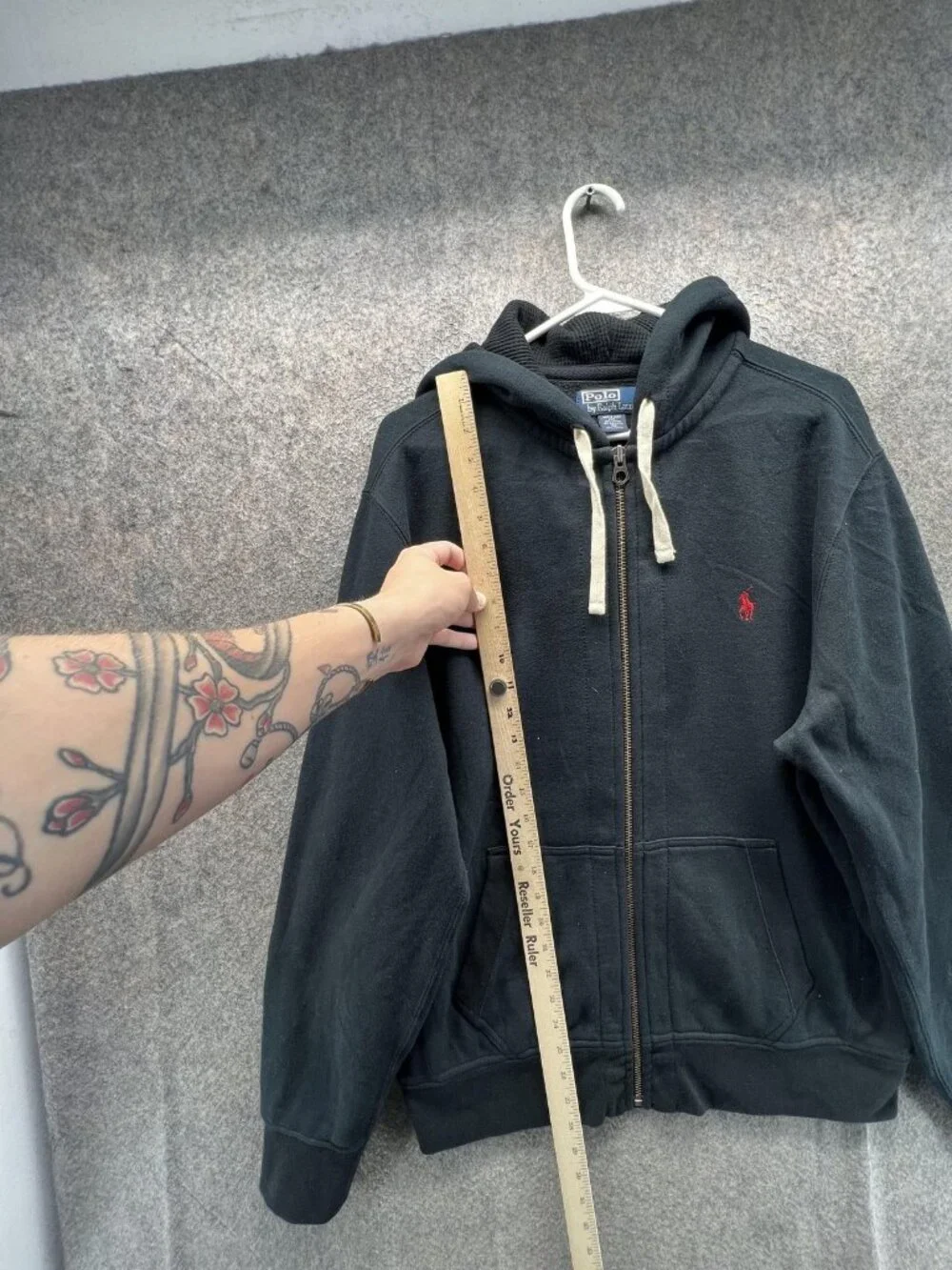 Polo Ralph Lauren Hoodie Mens Large Black Zip Fleece Red Pony Logo Sweatshirt